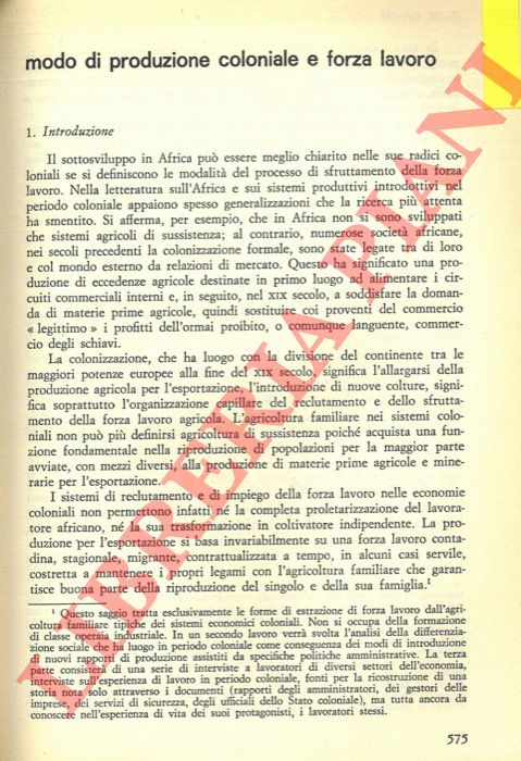 GENTILI Anna Maria - - Modo di produzione coloniale e forza lavoro.