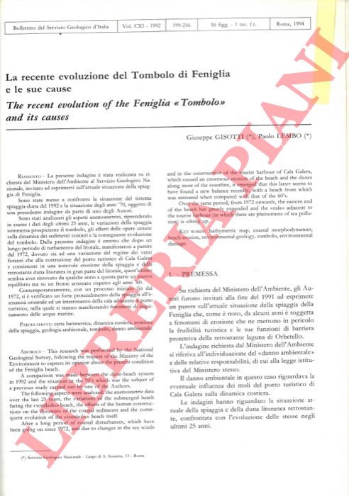 GISOTTI Giuseppe - LEMBO Paolo - - La recente evoluzione del Tombolo di Feniglia e le sue cause. The recent evolution of the Feniglia 'Tombolo'.