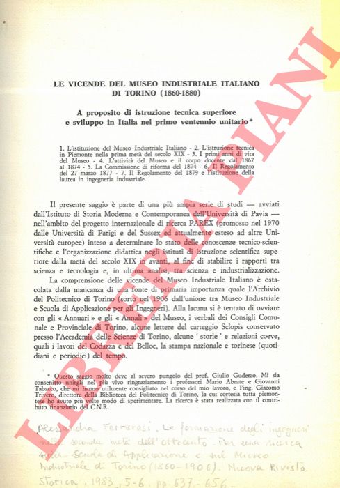 FERRARESI Alessandra - - Le vicende del Museo Industriale Italiano di Torino (1860-1880).