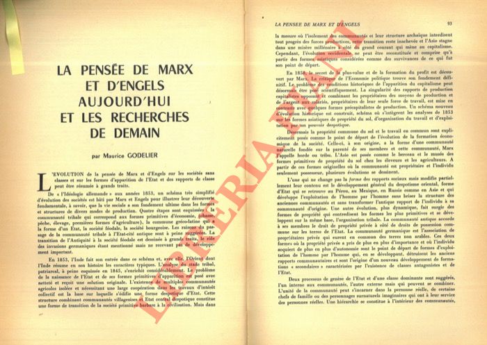 GODELIER Maurice - - La pense de Marx et d'Engels aujourd'hui et les recherches de demain.