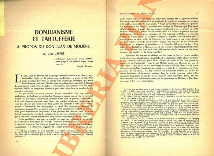 JAFFRE' Jean - - Donjuanisme et tartufferie. A propos du Don Juan de Molire.