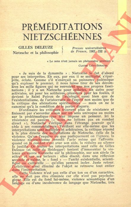 GLUCKSMANN Andr - - Prmditations nietzschennes. Gilles Deleuze. Nietzsche et la philosophie.