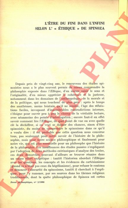 ROUSSET Bernard - - L'etre du fini dans l'infini selon l'Ethique de Spinoza.