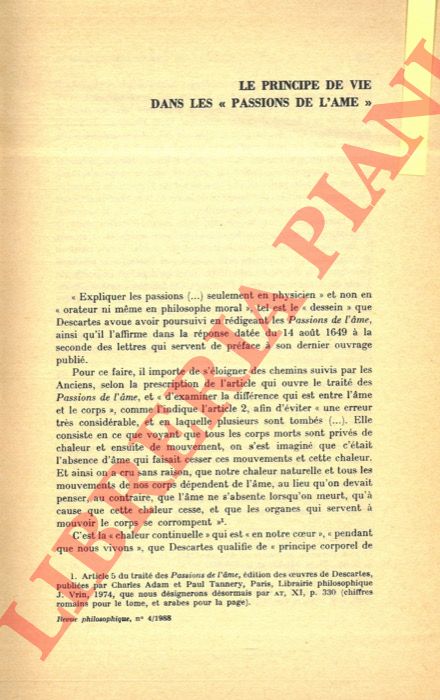 BITBOL-HESPERIES Annie - - Le principe de vie dans les 'Passions de l'ame'.