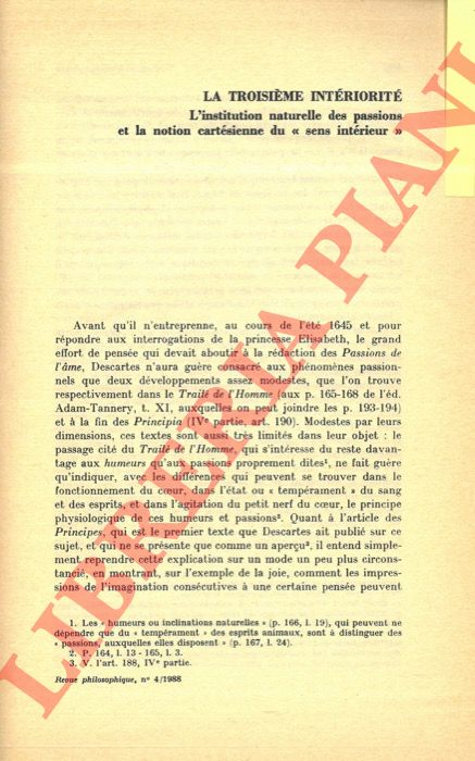 KAMBOUCHNER Denis - - La troisime intriorit. L'institution naturelle des passions et la notion cartsienne du 'sens intrieur'.