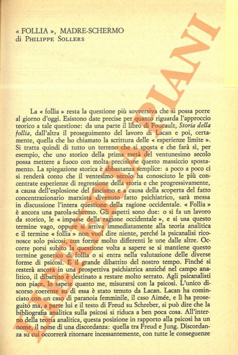 SOLLERS Philippe - - 'Follia', madre-schermo.