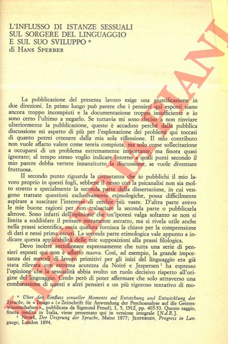 SPERBER Hans - - L'influsso di istanze sessuali sul sorgere del linguaggio e sul suo sviluppo.