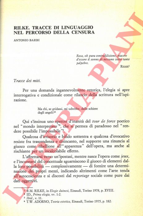 BARBI Antonio - - Rilke. Tracce di linguaggio nel percorso della censura.