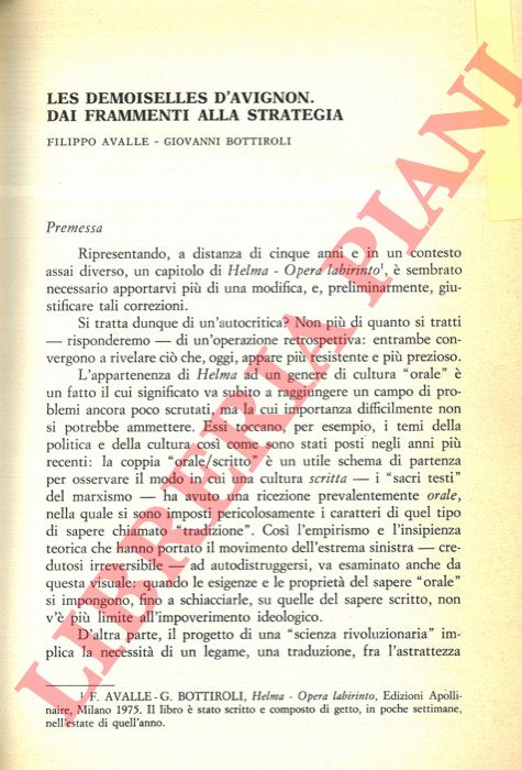 AVALLE Filippo - BOTTIROLI Giovanni - - Les Demoiselles d'Avignon. Dai frammenti alla strategia.
