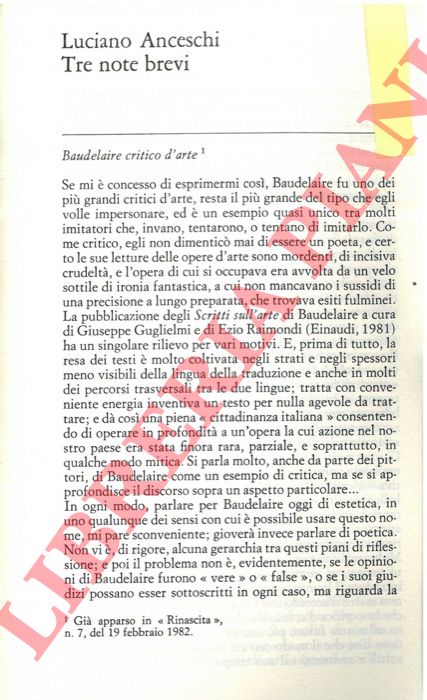 ANCESCHI Luciano - - Tre note brevi. Baudelaire critico d'arte. Tra Pound e i Novissimi. Per la terza edizione delle Istituzioni.