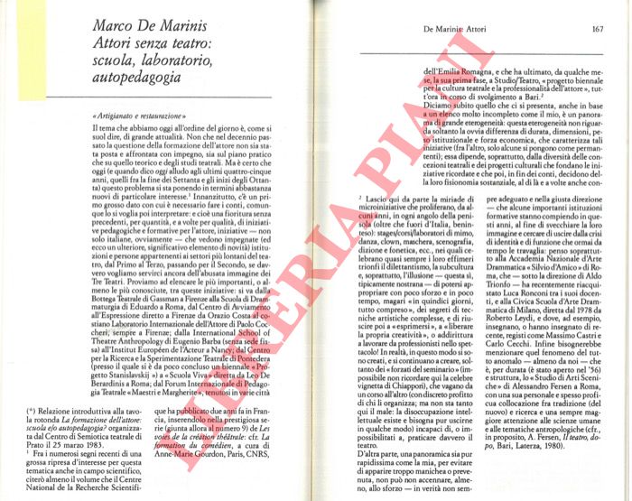 DE MARINIS Marco - - Attori senza teatro: scuola, laboratorio, autopedagogia.