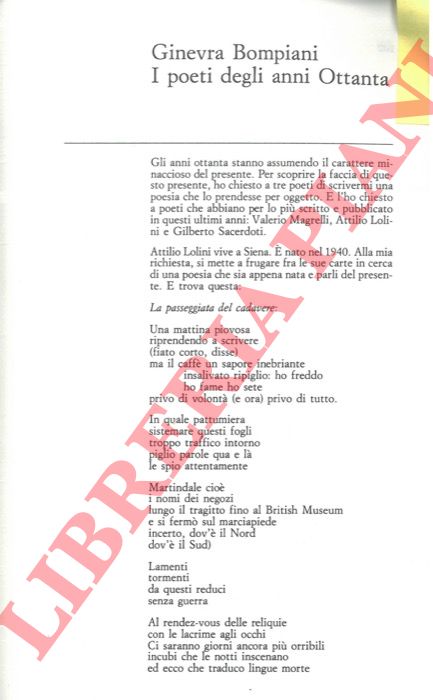 BOMPIANI Ginevra - - I poeti degli anni Ottanta.