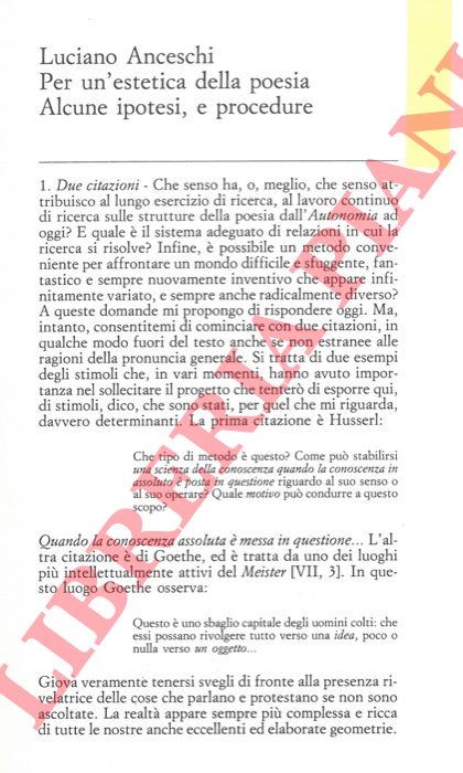 ANCESCHI Luciano - - Per un'estetica della poesia. Alcune ipotesi, e procedure.