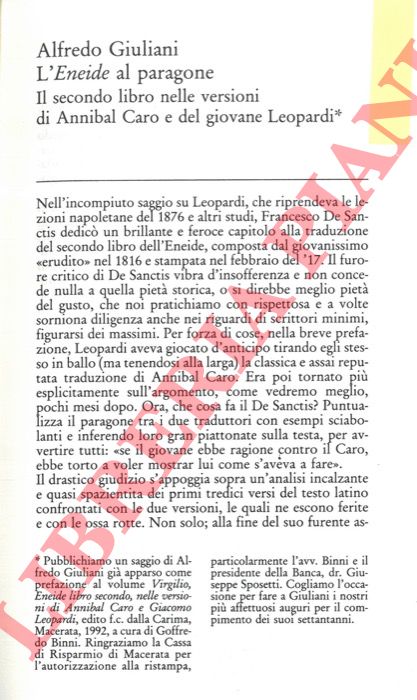GIULIANI Alfredo - CURI Fausto - - Alfredo Giuliani. L'Eneide al paragone. Il secondo libro nelle versioni di Annibal Caro e del giovane Leopardi. Fausto Curi. Per i settant'anni di Alfredo Giuliani.