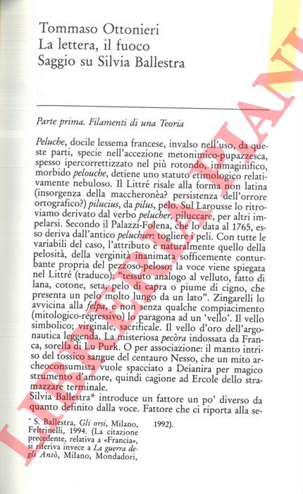 OTTONIERI Tommaso - - La lettera, il fuoco. Saggio su Silvia Ballestra.