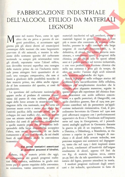 PALAZZO Francesco Carlo - - Fabbricazione industriale dell'alcool etilico da materiali legnosi.