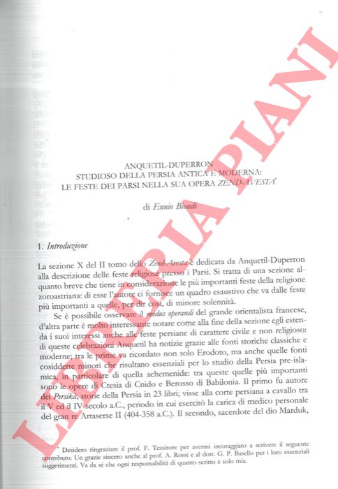 BIONDI Ennio - - Anquetil-Duperron studioso della Persia antica e moderna: le feste dei Parsi nella sua opera Zend-Avesta.