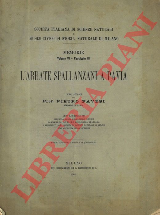 PAVESI Pietro - - L'abbate Spallanzani a Pavia. Cenni storici.