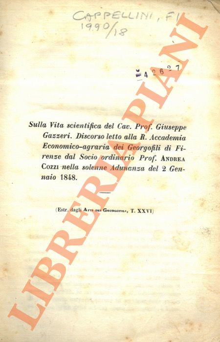 COZZI Andrea - - Sulla vita scientifica del Cav. Prof. Giuseppe Gazzeri.