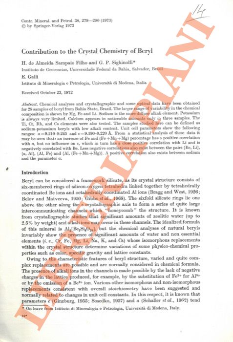 DE ALMEIDA SAMPAIO FILHO, H. - SIGHINOLFI G.P. - - Contribution to the Crystal Chemistry of Beryl.