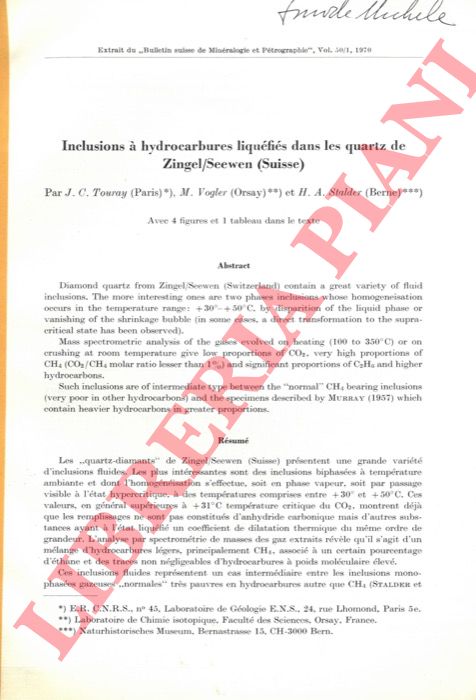 TOURAY J.C. - VOGLER M. - STALDER H.A. - - Inclusion  hydrocarbures liqufis dans les quartz de Zingel/Seewen (Suisse).