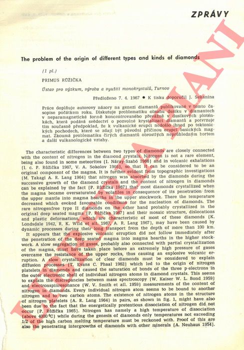 RUZICKA Primus - - The problem of the origin of different types and knds of diamonds.