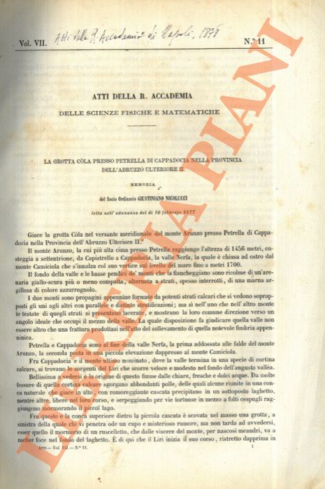 NICOLUCCI Giustiniano - -  La Grotta Cola presso Petrella di Cappadocia nella provincia dell'Abruzzo Ulteriore II.