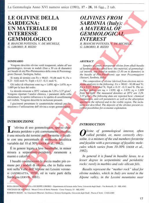 BIANCHI POTENZA G. - DE MICHELE V. - LIBORIO G. - RIZZO R. - - Le olivine della Sardegna : un materiale d'interesse gemmologico. - Olivine from Sardinia (Italy): a material of gemmological interest.