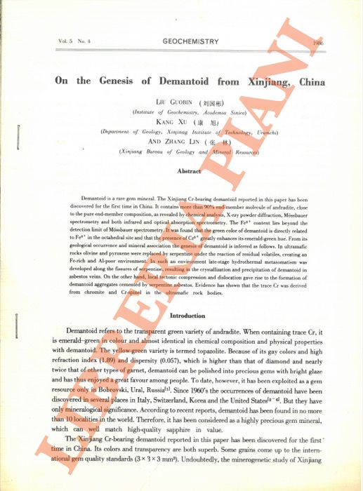 LIU GUOBIN - KANG SU - ZHANG LIN - - On the genesis of Demantoid from Xinjiang, China.