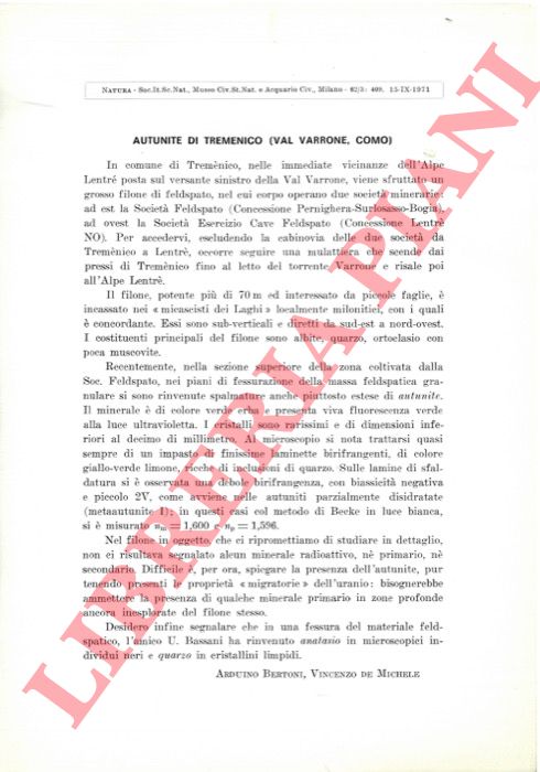 BERTONI Arduino - DE MICHELE Vincenzo - - Autunite di Tremenico (Val Varrone, Como)