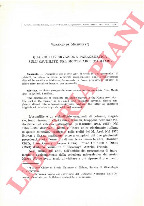DE MICHELE Vincenzo - - Qualche osservazione paragenetica sull'osumilite del Monte Arci (Cagliari).