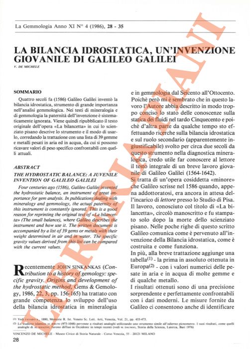 DE MICHELE V(incenzo) - - La bilancia idrostatica, un'invenzione giovanile di Galileo Galilei.