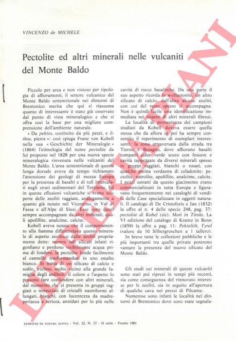 DE MICHELE Vincenzo - - Pectolite ed altri minerali nelle vulcaniti del Monte Baldo.