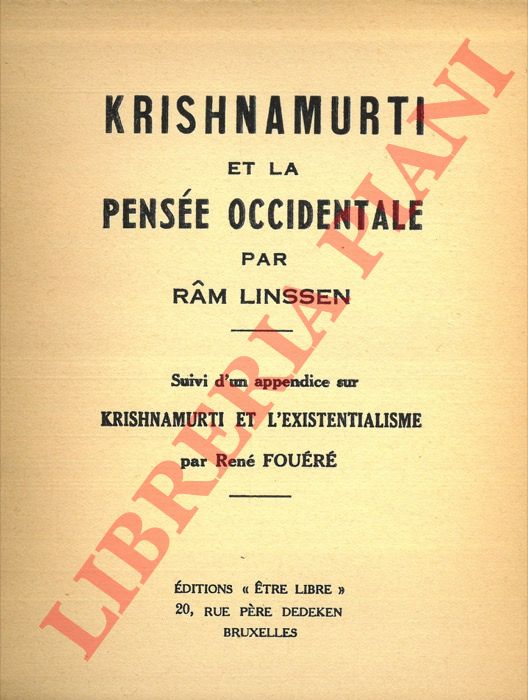 LINSSEN Ram - - Krishnamurti et la Pense occidentale. Suivi d'un appendice sur Krishnamurti et l'existentialisme, par Ren Four.