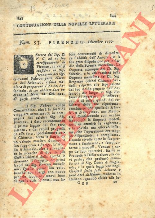 - - Lettera del Sig. D.V.C(hiarugi) ad un suo corrispondente di Firenze, in cui si considera la Dissertazione del Sig. Giovanni Fabroni sulla Natura dell'Arsenico, e sulla maniera di preparare l'Acido Arsenicale, di cui abbiamo dato un cenno ...