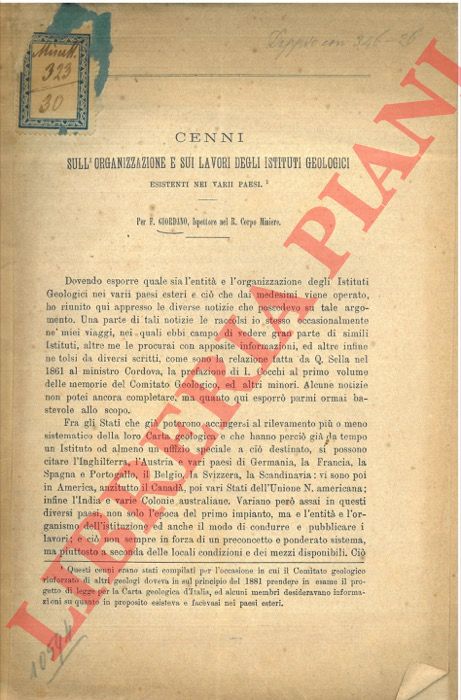 GIORDANO F. - - Cenni sull'organizzazione e sui lavori degli istituti geologici.