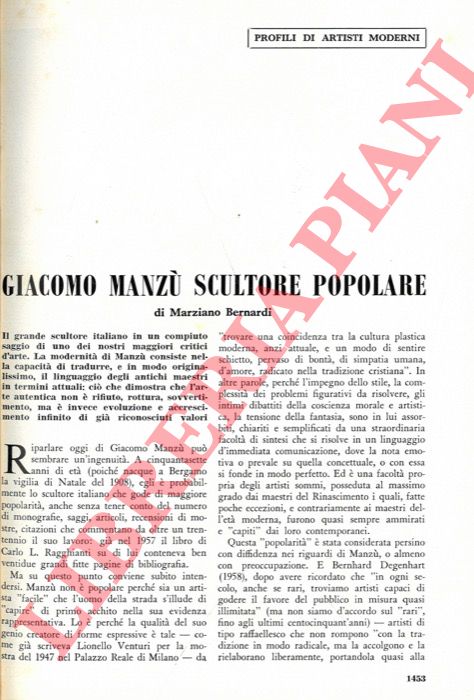 BERNARDI Marziano - - Giacomo Manz scultore popolare.