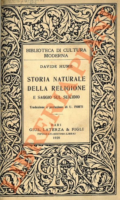 HUME David - - Storia naturale della religione e Saggio sul sucidio.