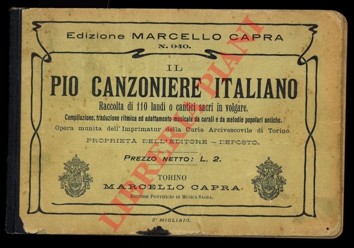 - - Il pio canzoniere italiano. Raccolta di 110 laudi o cantici sacri in volgare. Compilazione, traduzione ritmica ed adattamento musicale da corali e da melodie popolari antiche.