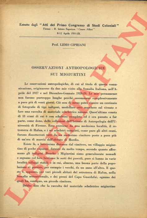 CIPRIANI Lidio - - Osservazioni antropologiche sui Migiurtini.