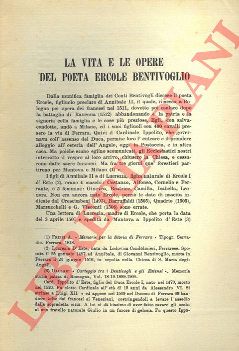 SAUTTO Alfonso - - La vita e le opere del poeta Ercole Bentivoglio.