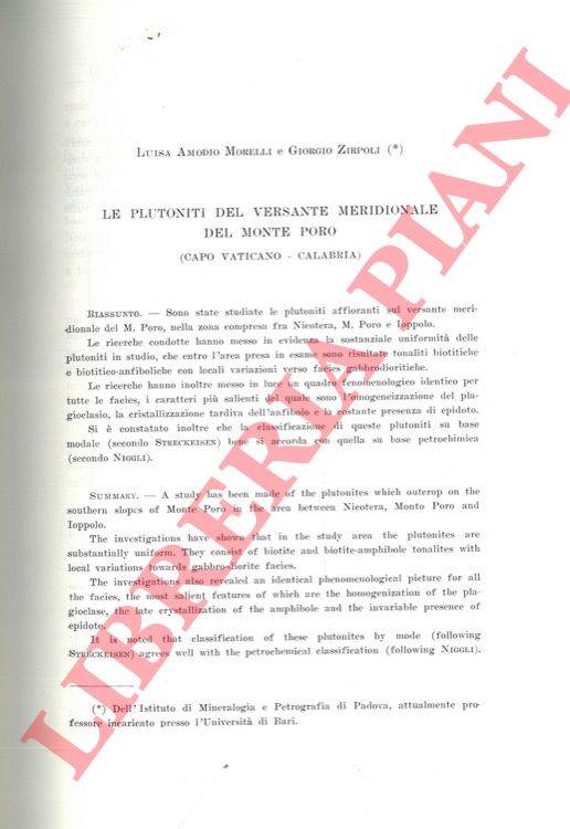 MORELLI AMODIO L. - ZIRPOLI G. - - Le plutoniti del versante meridionale del Monte Poro. (Calabria, Capo Vaticano)