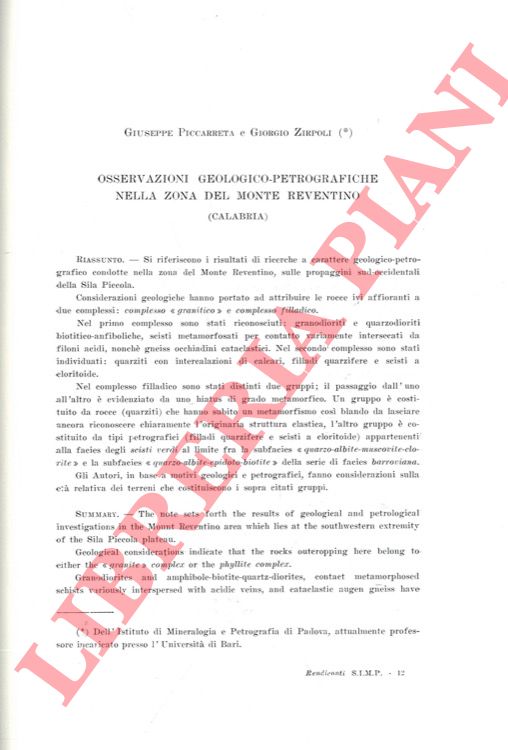 PICCARETA G. - ZIRPOLI G. - - Osservazioni geologiche-petrologiche nella zona del Monte Reventino (Calabria)