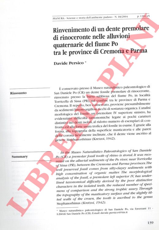 PERSICO Davide - - Rinvenimento di un dente premolare di rinoceronte nelle alluvioni quaternarie del fiume Po tra le province di Cremona e Parma.