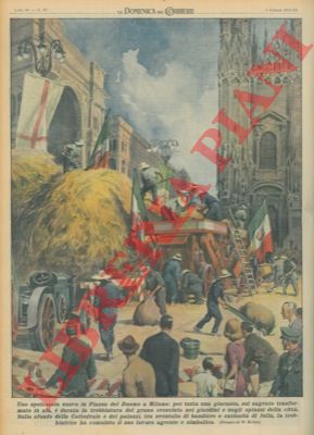 BELTRAME A. - - In piazza del Duomo, sul sagrato, si  svolta per tutto il giorno la trebbiatura del grano.