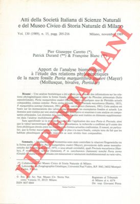 CARRETTO Pier Giuseppe - DURAND Patrick - BLANK Francois - - Apport de l'analyse biomtrique e l'tude des relations phylogntiques de le nacre fossile Pteria margaritifera studeri (Mayer) (Mollusque, bivalve, Pteriidae).