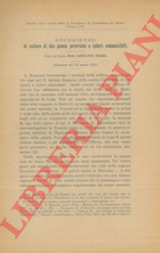 NEGRI Giovanni - - Esperienze di cultura di due piante peruviane a tuberi commestibili.