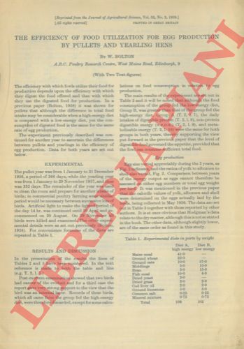 BOLTON W. - - The efficiency of food utilization for egg production by pullets and yearling hens.