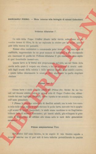 BARGAGLI Piero - - Note intorno alla biologia di alcuni Coleotteri. 
