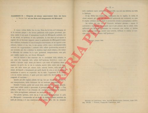 PASSERINI N. - - Risposta ad alcune osservazioni fatte dal socio A. Bolles Lee ad una nota sull'integumento dei Miriapodi.